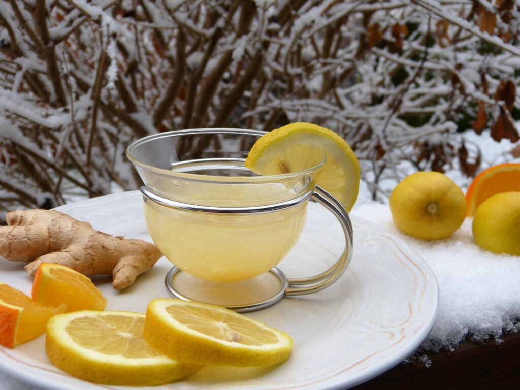 ginger, hot lemon, tea, nature, lemon, snow, juice, cold, defense, health, immune system, vitamins, healthy, flu, winter, prevent