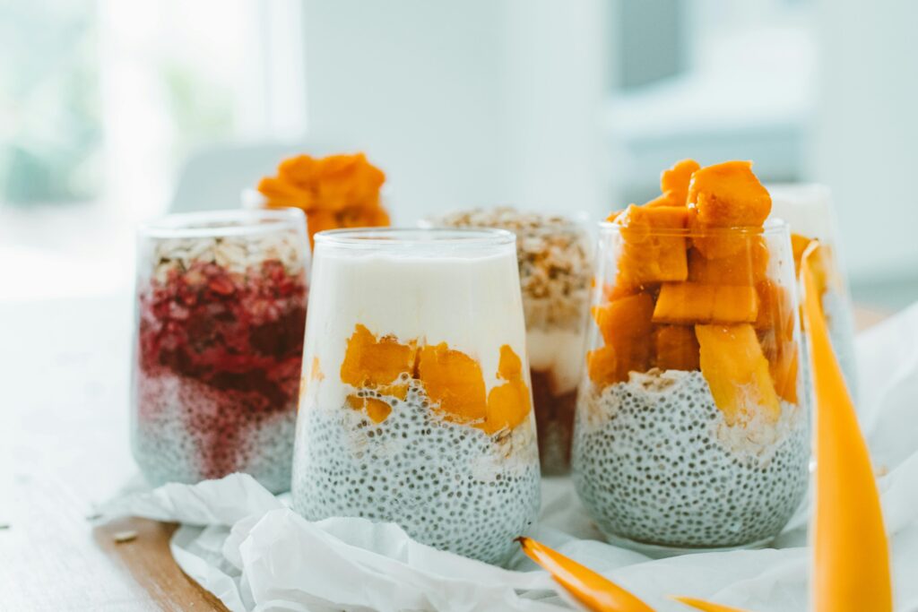 Chia seed pudding with fresh strawberries and blueberries